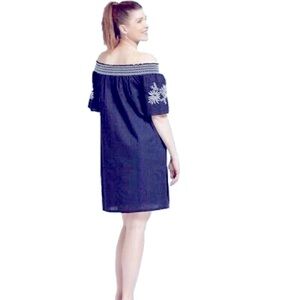 Isabel Maternity Boho Navy Off-the-Shoulder Embroidered Dress Small
